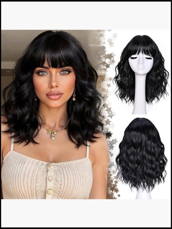 Short Wavy Wig with Bangs Natural Look Synthetic Hair Full Head Cap 14inch main image 4